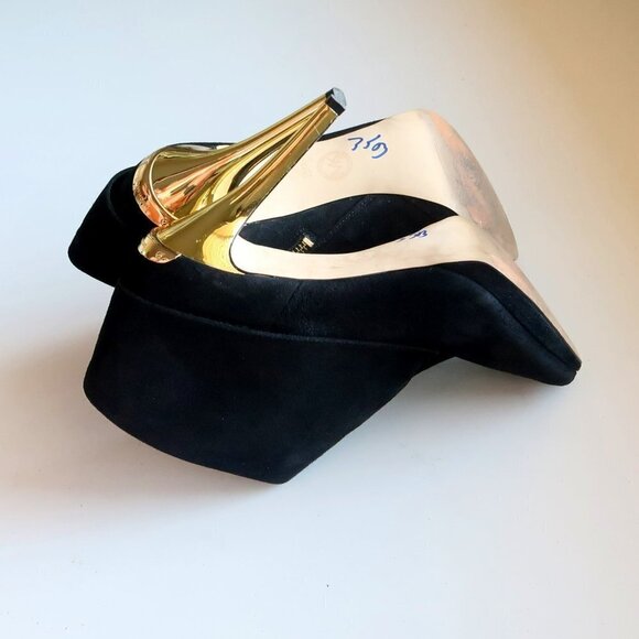 Michael Kors Black Suede Leather Peep Toe Gold Heel Ankle Boots / Booties Sz. 10 - Picture 14 of 16